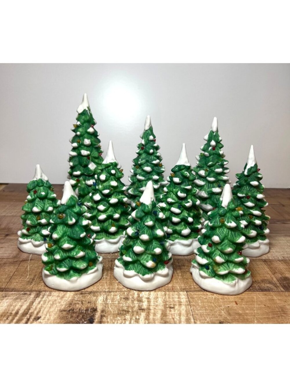 Lemax Set Of 10 Ceramic Christmas Trees With Snow Accents Multiple Sizes